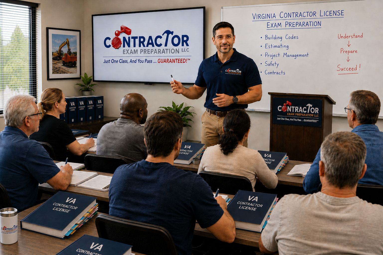 Adult students in a live classroom learning with an instructor during Virginia contractor license exam preparation