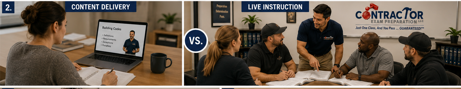 Content delivery (one-way, watching a video) versus live instruction (an instructor working directly with contractors)