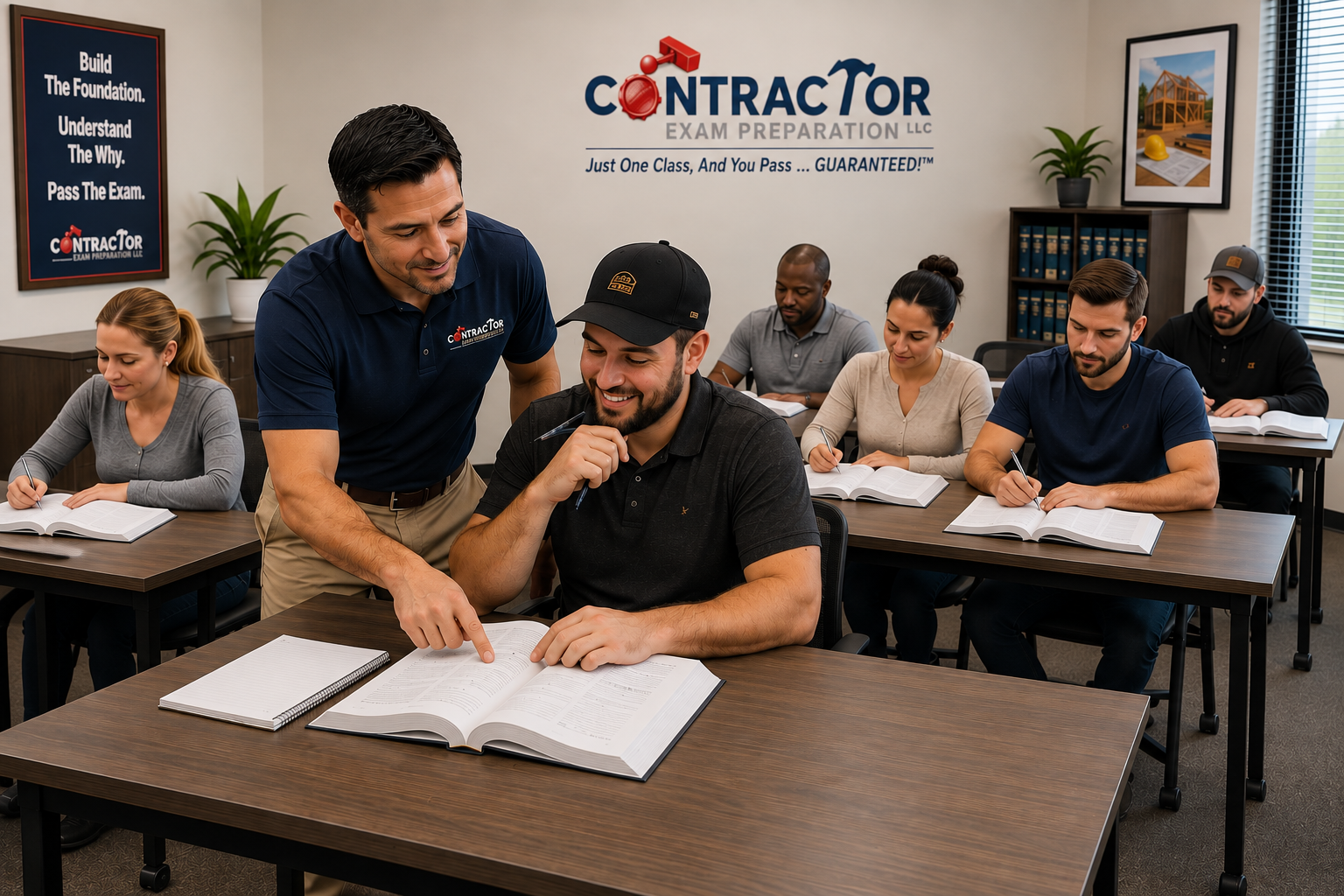 Instructor working one-on-one with a contractor through the code book during class