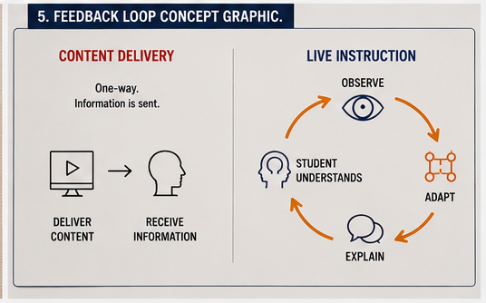 Diagram: content delivery is one-way information; live instruction is a loop of observe, adapt, explain, until the student understands